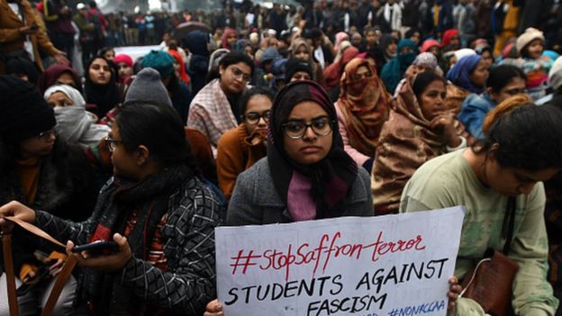A protest against attacks on students, Citizenship Amendment Act (CAA), National Register of Citizens (NRC) and National Population Register (NPR), at Maulana Mohammad Ali Jauhar Marg, outside Jamia Millia Islamia on January 8, 2020 in Delhi