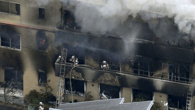 An aerial view shows firefighters battling the fires at Kyoto Animation Co