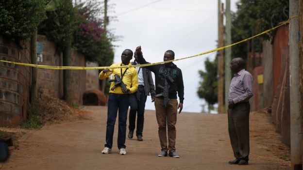 Police stand guard outside the home of one of the suspects in Kiambu county, on 16 January 2019