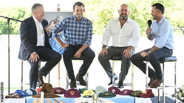 Ian Healy, Adam Gilchrist, Darren Lehmann and Ricky Ponting speaking at Andrew Symonds' public memorial service