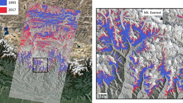 La extensión de la vida vegetal en 1993 (azul) en comparación con 2017 (rojo). Las imágenes son de los alrededores de la región del monte Everest.