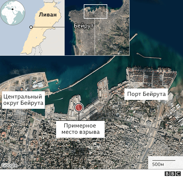 Место взрыва на спутниковом снимке Бейрута
