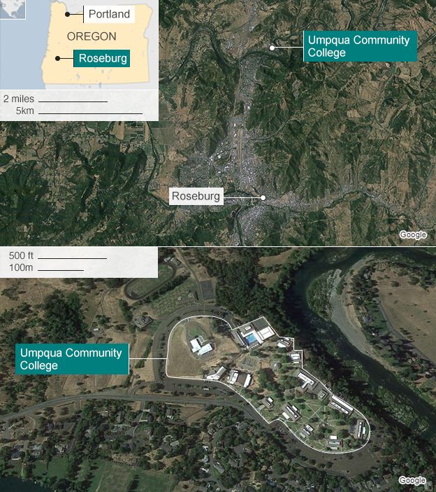 Map showing site of Oregon shooting