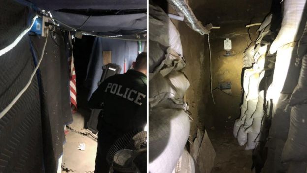 Images show sandbags lining a tunnel and police searching an area with fabric disguising it