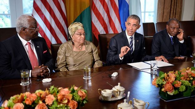 President Barack Obama speaks during a meeting with Liberian President Ellen Johnson Sirleaf, Guinean President Alpha CondÃ©(R), and Sierra Leonean President Ernest Bai Koroma(L) in the Cabinet Room of the White House April 15, 2015