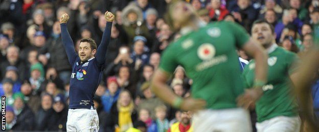 Greig Laidlaw celebrates kicking the decisive penalty for Scotland against Ireland