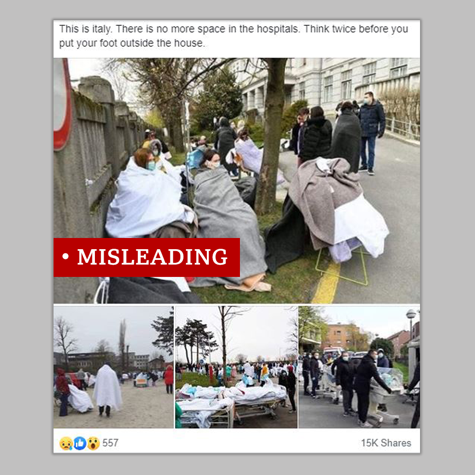 Screenshot of a Facebook post with photos from the aftermath of an earthquake in Croatia. The poster incorrectly claims they were taken of patients in Italy