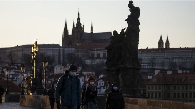 People wearing masks in Prague