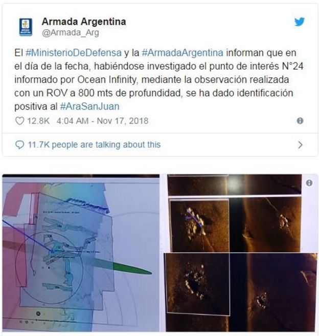 La Armada de Argentina comunicó en Twitter el hallazgo