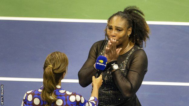 Serena Williams reacts to a question on court after her US Open match against Ajla Tomljanovic
