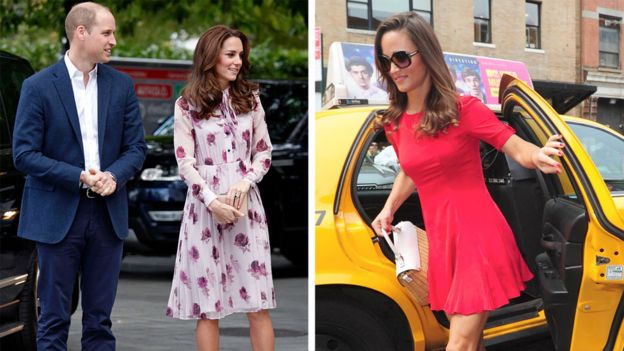 Catherine, Duchess of Cambridge (kiri), terlihat memakai rancangan Kate Spade. Begitu pula saudarinya, Pippa Matthews (kanan)