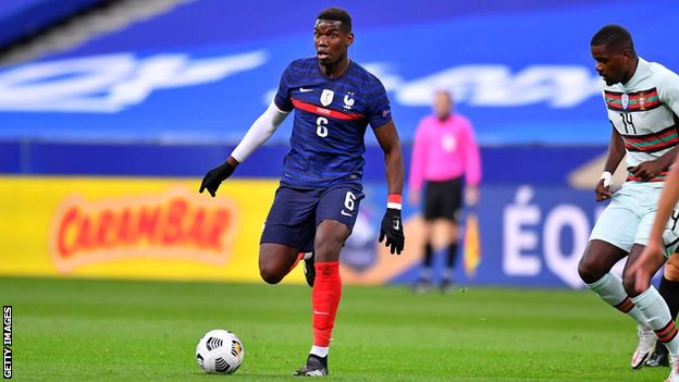 Paul Pogba playing for France against Portugal