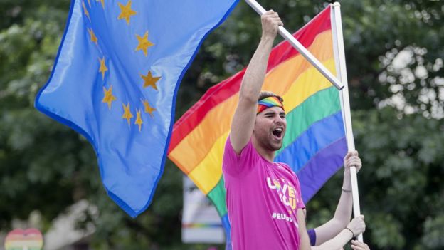 People participate in the DC Pride Parade in Washington, DC, USA, 08 June 2019