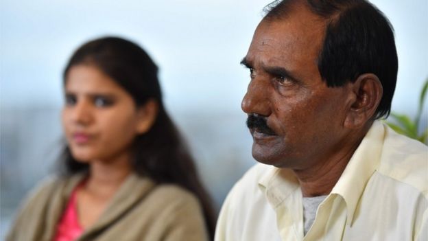 Ashiq Mesih (R) and Eisham Ashiq, the husband and daughter of Asia Bibi speak in London