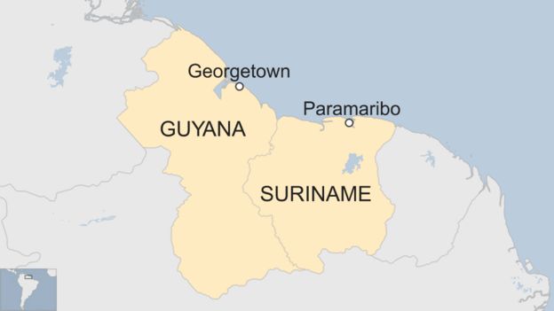 Map showing Guyana and Suriname in South America