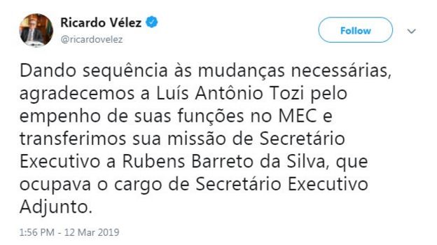 Tuíte de Ricardo Vélez anuncia saída de Luís Antônio Tozi