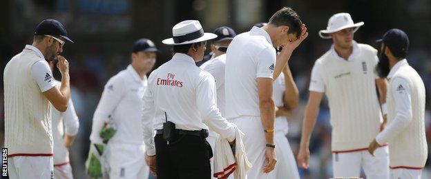 Steven Finn looks dejected after taking a "wicket" with a no-ball