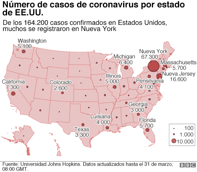 mapa con casos de EEUU