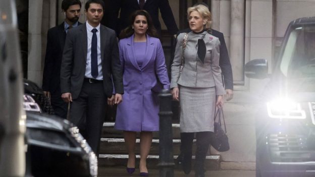 Princess Haya Bint Al-Hussein leaves the High Court in London with her lawyer, Baroness Fiona Shackleton (R), on 28 February 2020