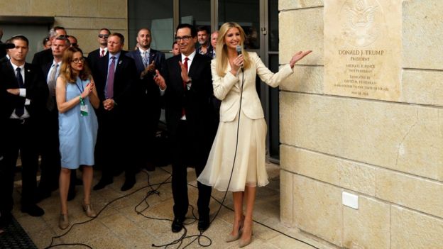 White House adviser Ivanka Trump and US Treasury Secretary Steven Mnuchin attend the dedication ceremony of the new US embassy to Israel in Jerusalem (14 May 2018)
