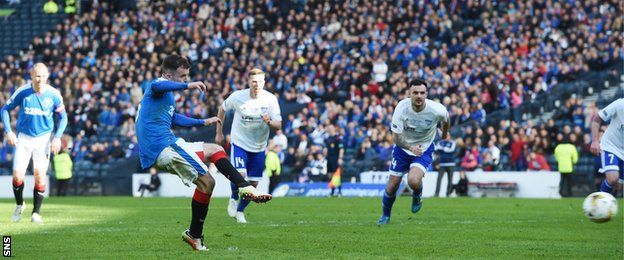 Andy Halliday scores a penalty for Rangers against Peterhead