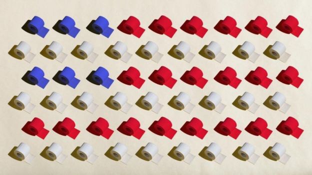 Ilustração com rolos de papel higiênico com as cores da bandeira americana