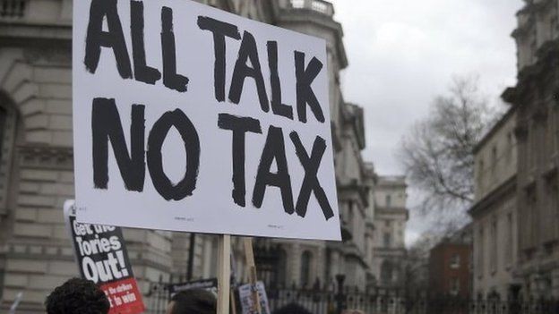 Demonstrators hold placards during a protest outside Downing Street in Whitehall, central London, 2016