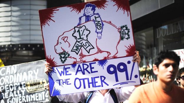 Marcha del movimiento Occupy Wall Street con un cartel que dice: