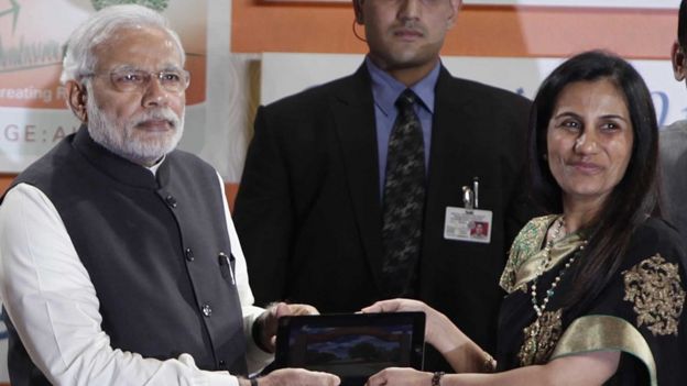 Prime Minister Narendra Modi with ICICI Bank's MD and CEO Chanda Kochhar during the launch of 'Digital Village' project and adopting a village in Gujarat, at ICICI Headquarters, Bandra Kurla Complex, on January 2, 2015 in Mumbai, India