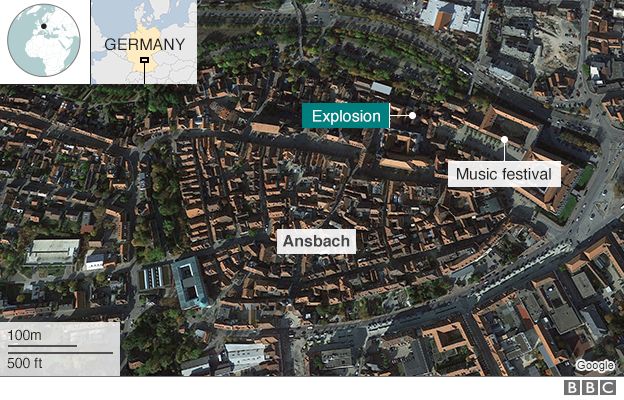 Map showing location of explosion in Ansbach