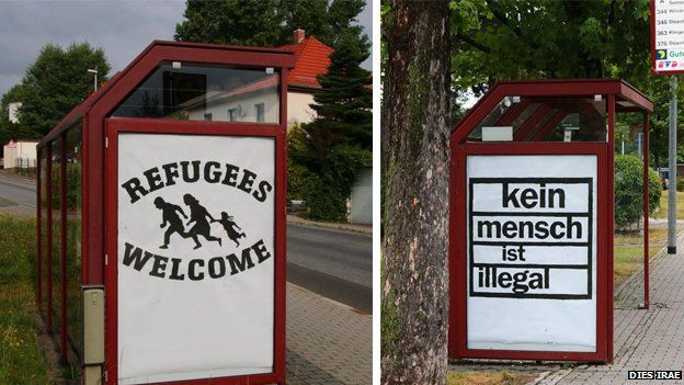 Two posters, one reading 'refugees welcome' and another reading 'Nobody is illegal'