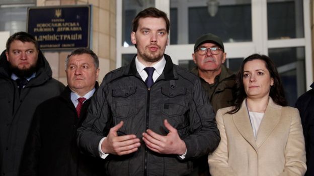 Prime Minister Oleksiy Honcharuk, Interior Minister Arsen Avakov and Health Minister Zoryana Skaletska