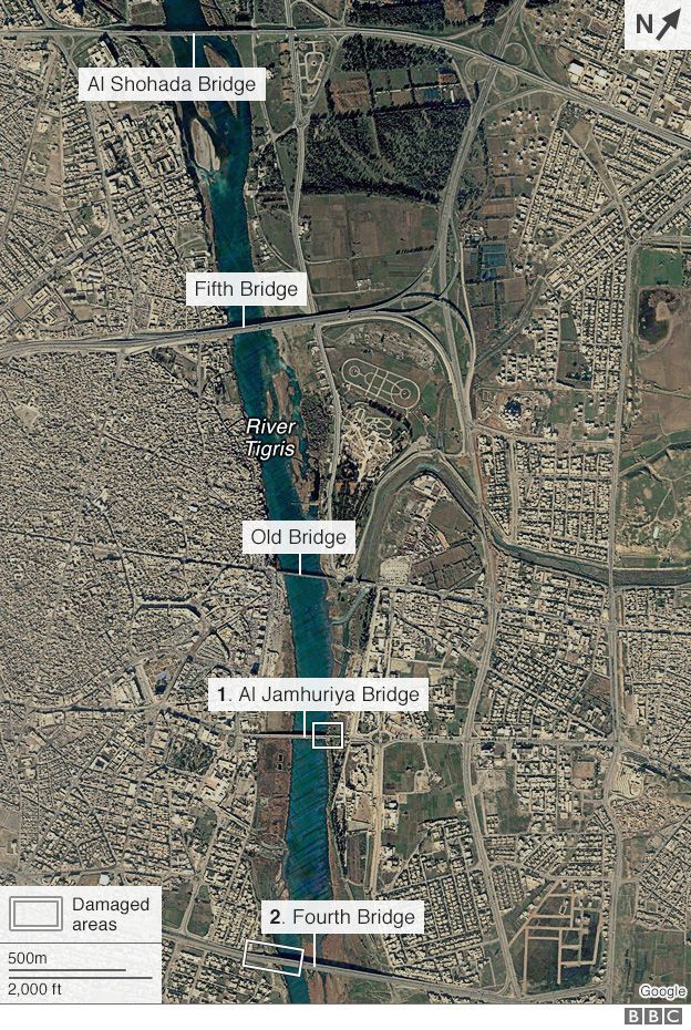 Satellite image of bridges in Mosul