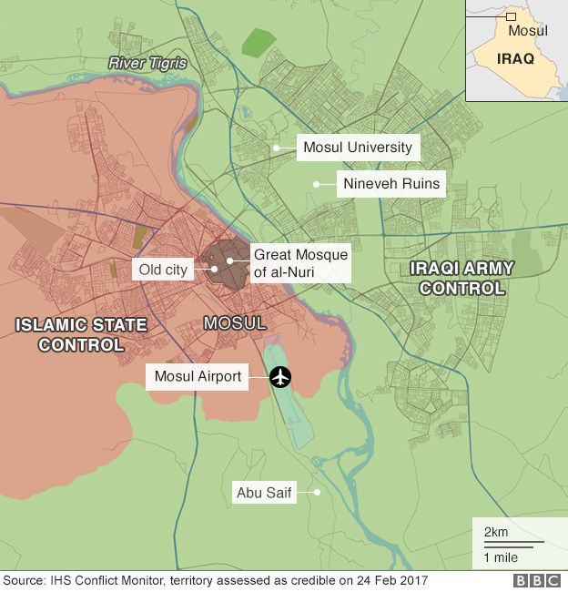 Map showing territory recaptured by government forces around the Iraqi city of Mosul