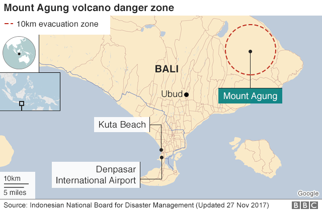 Map showing exclusion zone for Mount Agung on 27 November 2017