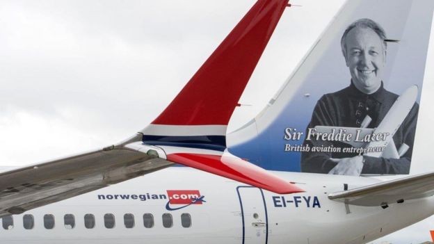 Norwegian aeroplane with Freddie Laker on tailfin