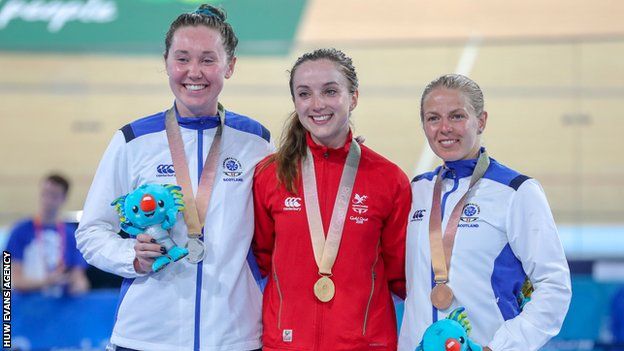 Katie Archibald of Scotland wins silver, Elinor Barker of Wales wins gold and Neah Evans of Scotland wins bronze