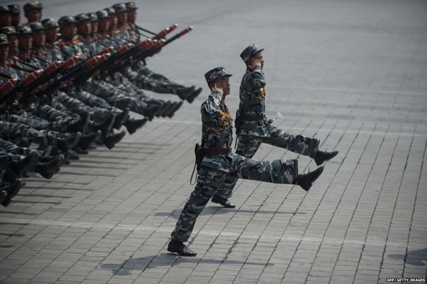 Goose-stepping North Korean soldiers