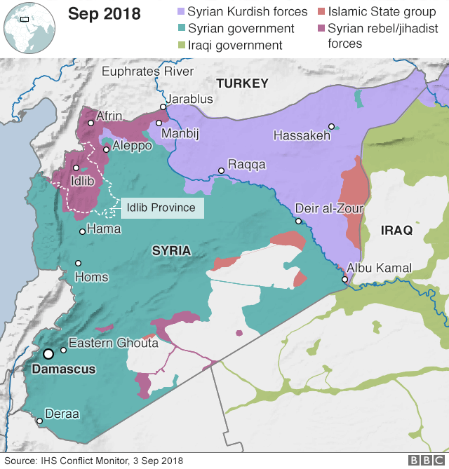 Map: Areas of control in Syria as of 3 Sep 2018