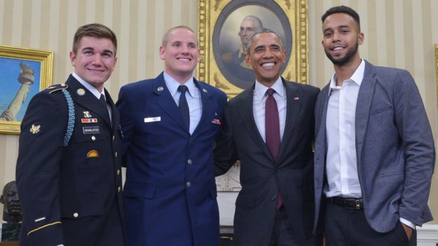 Alek Skarlatos, Spencer Stone and Anthony Sadler with President Obama