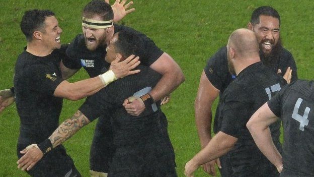 New Zealand players celebrate semi-final win