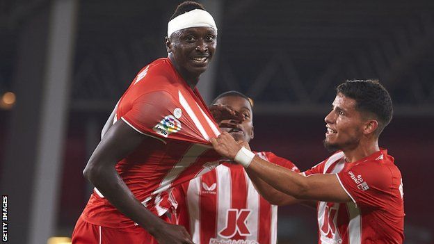 Umar Sadiq celebrates a goal for Almeria