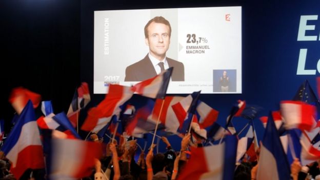 Celebrations at the campaign headquarters of Emanuel Macron