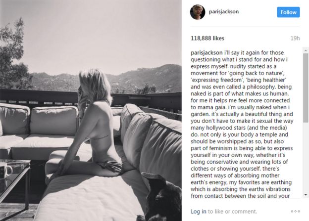 帕丽斯·杰克逊发到Instagram的一幅黑白半裸照（13/5/20117）