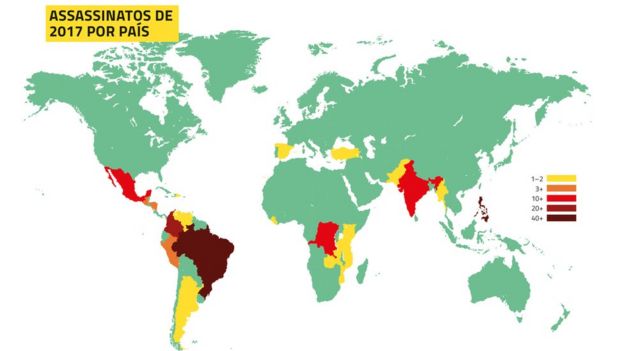 Mapa elaborado pela Global Witness mostra as regiÃµes com mais mortes de ativistas no mundo - quando mais vermelha a cor, maior o nÃºmero de casos; Brasil Ã© o destaque