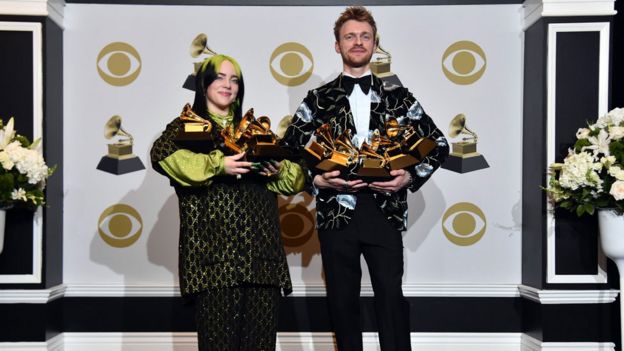 Billie Eilish and brother Finneas O'Connell show off their Grammy Award trophies