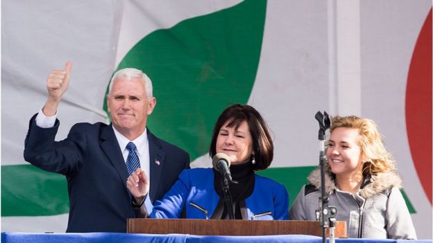 Vice-President Mike Pence, his wife, Karen, and their daughter Charlotte, greet participants gathered for the 44th Annual March For Life