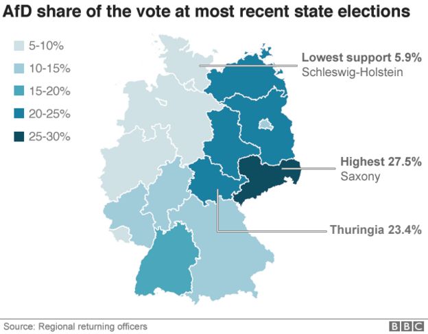 Map of Germany showing AfD support