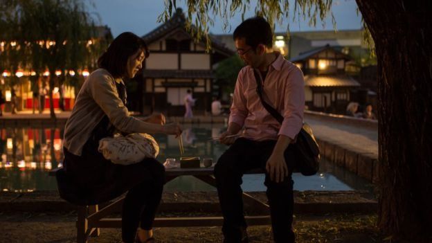 Pareja de japoneses en un banco.