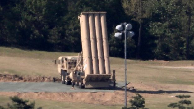 ATerminal High Altitude Area Defense (THAAD) launcher sits at a golf course in Seongju, some 300km southeast of Seoul, South Korea, 1 May 2017 (reissued 2 May 2017)
